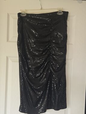 Black Sequin Ruched Midi Skirt